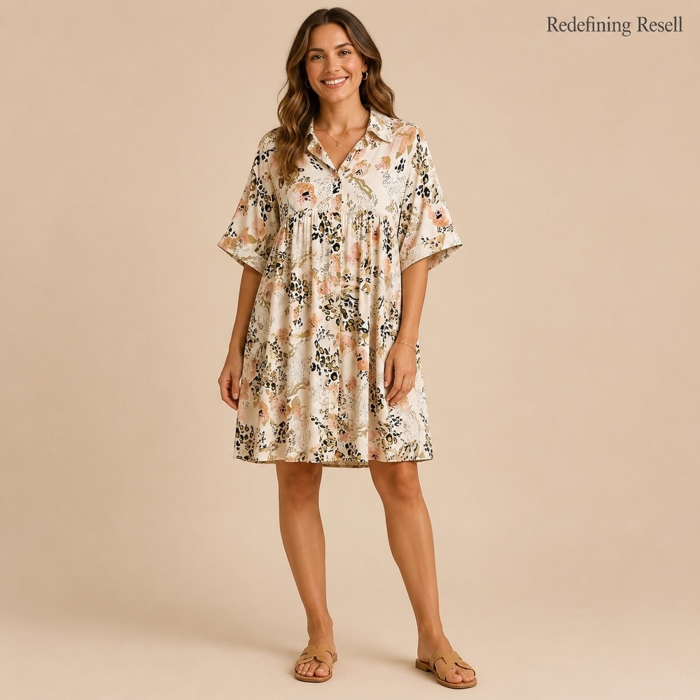Entro Womens XL Floral Leopard Print Babydoll Shirt Dress Cream D18761P